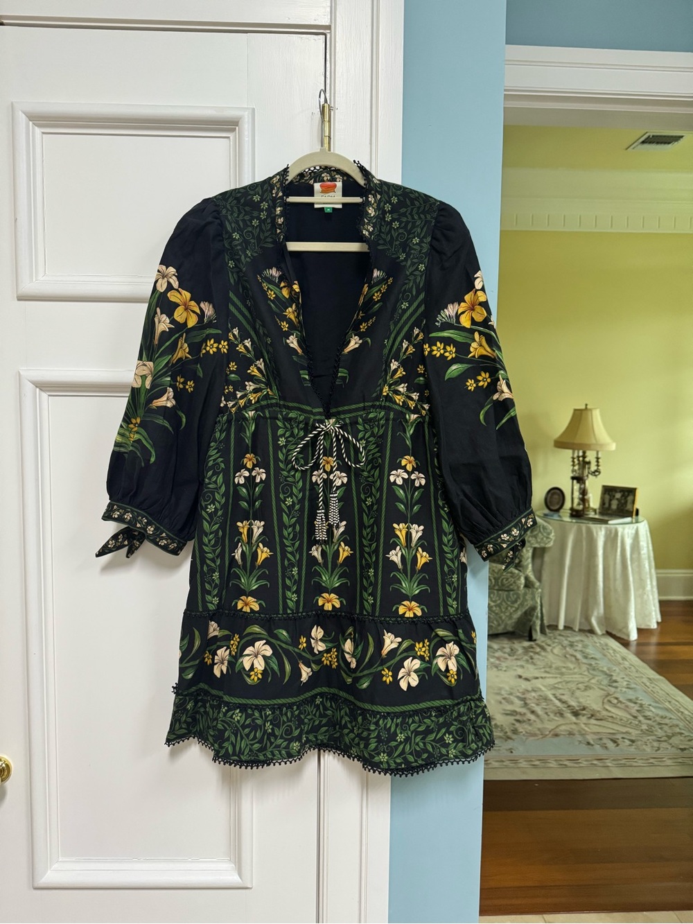 Farm Rio Women's Black Floral Tunic Dress with Yellow Accents size M
